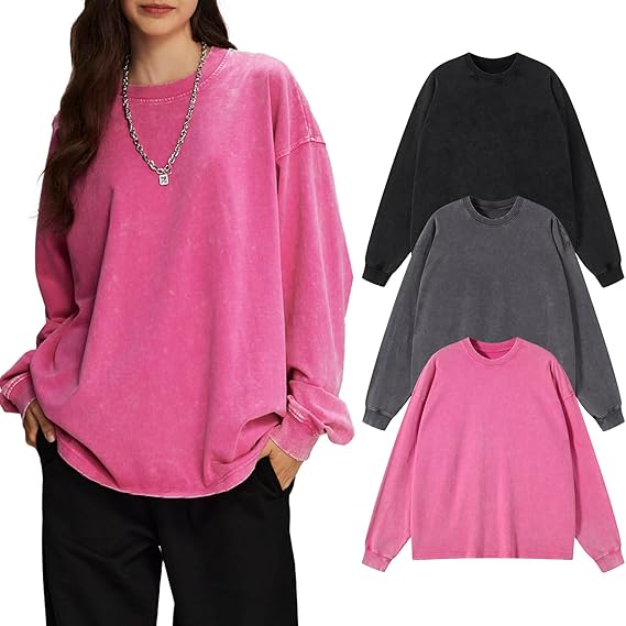 Long Sleeve Vintage Tshirts Acid Wash Baggy T Shirts Loose Fit Sweatshirt