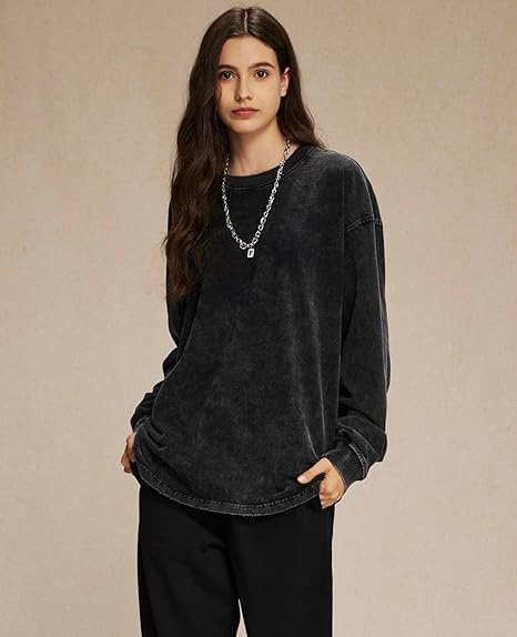 Long Sleeve Vintage Tshirts Acid Wash Baggy T Shirts Loose Fit Sweatshirt
