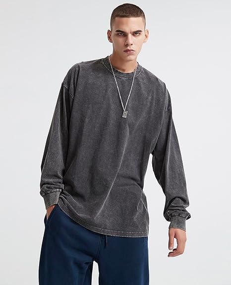 Long Sleeve Vintage Tshirts Acid Wash Baggy T Shirts Loose Fit Sweatshirt