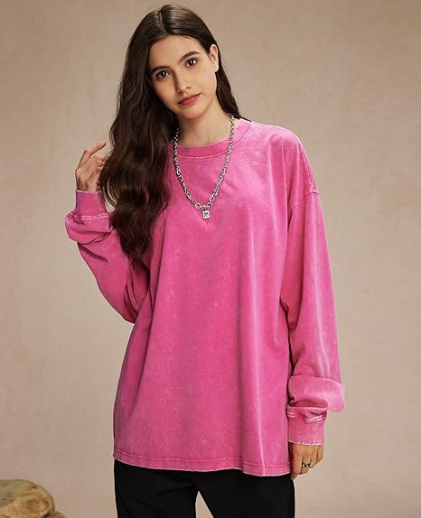 Long Sleeve Vintage Tshirts Acid Wash Baggy T Shirts Loose Fit Sweatshirt